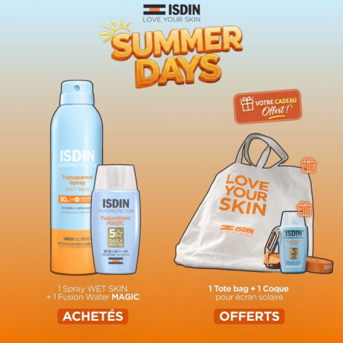 🎁 PACK 🎁 – ISDIN - (SUMMER'S DAY) 1 Spray Wet Skin SPF50 + 1 Fusion Water Magic Invisible SPF50 = 1 Tote Bag + 1 Coque Fusion OFFERTS