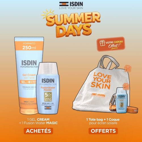 🎁 PACK 🎁 – ISDIN - (SUMMER'S DAY) 1 Gel Cream SPF50 + 1 Fusion Water Magic Invisible SPF50 = 1 Tote Bag + 1 Coque Fusion OFFERTS