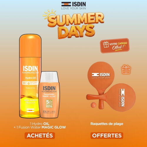 🎁 PACK 🎁 – ISDIN - (SUMMER'S DAY) 1 Hydro-Oil SPF30 + 1 Fusion Water Magic Glow SPF50 = 1 Paire de Raquettes de Plage OFFERTE