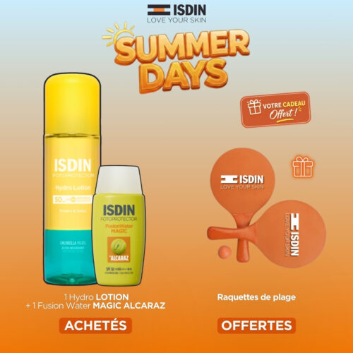 🎁 PACK 🎁 – ISDIN - (SUMMER'S DAY) 1 Hydro-Lotion SPF50 + 1 Fusion Water Magic Alcaraz Invisible SPF50 = 1 Paire de Raquettes de Plage OFFERTE