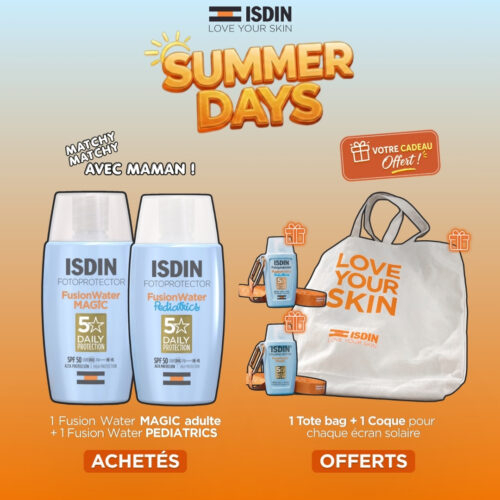🎁 PACK 🎁 – ISDIN - (SUMMER'S DAY) 1 Fusion Water Magic Invisible SPF50 + 1 Fusion Water Pediatrics SPF50 = 1 Tote Bag + 2 Coques Fusion OFFERTS