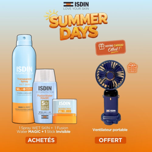 🎁 PACK 🎁 – ISDIN - (SUMMER'S DAY) 1 Spray Wet Skin SPF50 + 1 Fusion Water Magic Invisible SPF50 + 1 Invisible Stick SPF50 = 1 Ventilateur Portable (Couleur Aléatoire)