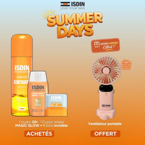 🎁 PACK 🎁 – ISDIN - (SUMMER'S DAY) 1 Hydro-Oil SPF30 + 1 Fusion Water Magic Glow SPF50 + 1 Invisible Stick SPF50 = 1 Ventilateur Portable (Couleur Aléatoire)