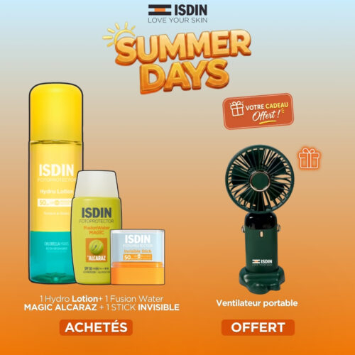 🎁 PACK 🎁 – ISDIN - (SUMMER'S DAY) 1 Hydro-Lotion SPF50 + 1 Fusion Water Magic Invisible Alcaraz SPF50 + 1 Invisible Stick SPF50 = 1 Ventilateur Portable (Couleur Aléatoire)