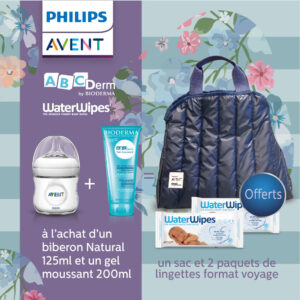 🎁 PACK 🎁 – Avent Biberon natural 125ml + Abcderm Gel Moussant 200ml = 1 Sac+ 2 Packets de Lingettes Format de Voyage Offert
