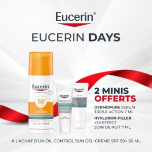 🎁 PACK 🎁 – EUCERIN - Sun Oil Control Gel-Crème Solaire Toucher Sec SPF50+ - 50ml + 1 Mini Dermopure Sérum Triple Action 7ml + 1 Mini Hyaluron-Filler 3X Effect Soin de Nuit 7ml Offerts