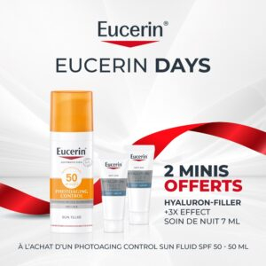 🎁 PACK 🎁 – EUCERIN - Sun Photoaging Control Fluide Solaire Anti-Âge SPF50 - 50ml + 2 Minis Hyaluron-Filler 3X Effect Soin de Nuit 7ml Offerts