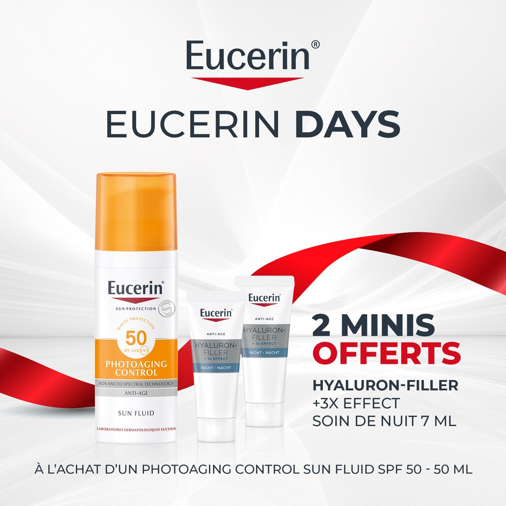 🎁 PACK 🎁 – EUCERIN - Sun Photoaging Control Fluide Solaire Anti-Âge SPF50 - 50ml + 2 Minis Hyaluron-Filler 3X Effect Soin de Nuit 7ml Offerts