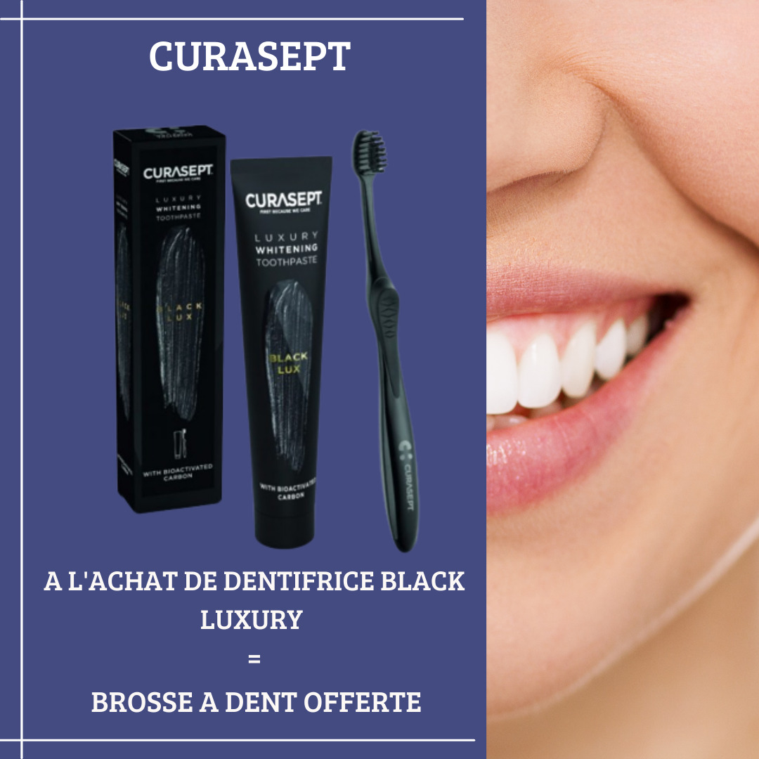 🎁 PACK 🎁 – CURASEPT BLACK LUXURY WHITENING DENTIFRICE 75ML = 1 Brosse à Dent OFFERT