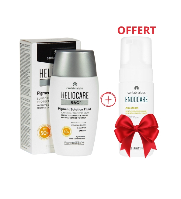 🎁 PACK 🎁 – Heliocare 360° Pigment Solution Fluide 50ml + Endocare Aquafoam Offert